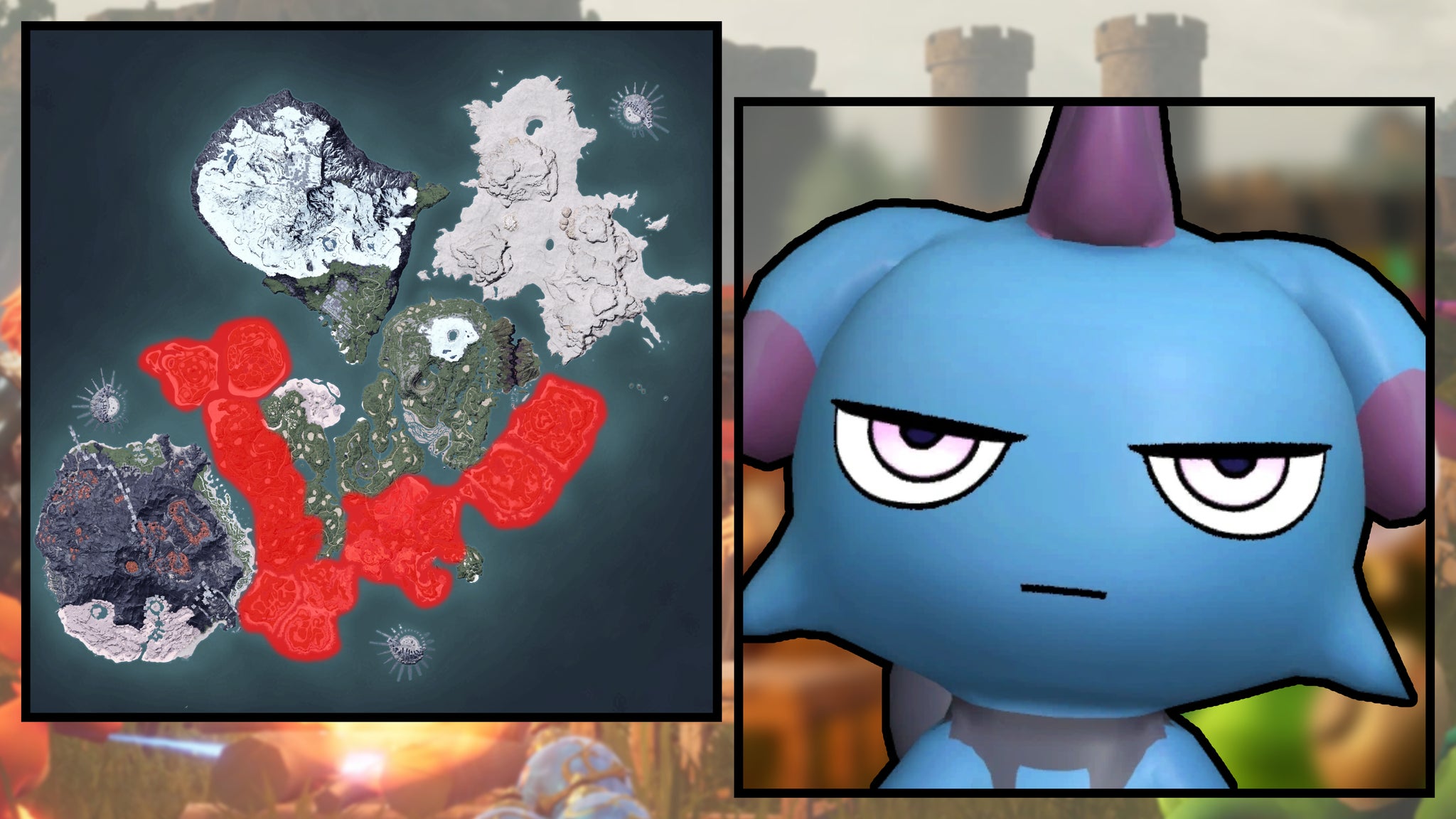 A screenshot of a Depresso in Palworld, next to a heatmap of their spawn locations. - 21