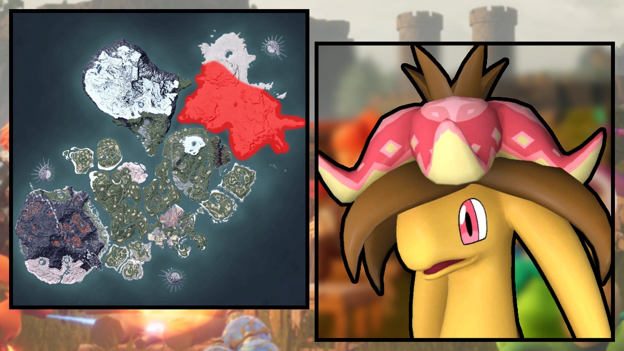 A screenshot of a Dinossom Lux in Palworld, next to a heatmap of their spawn locations. - 78