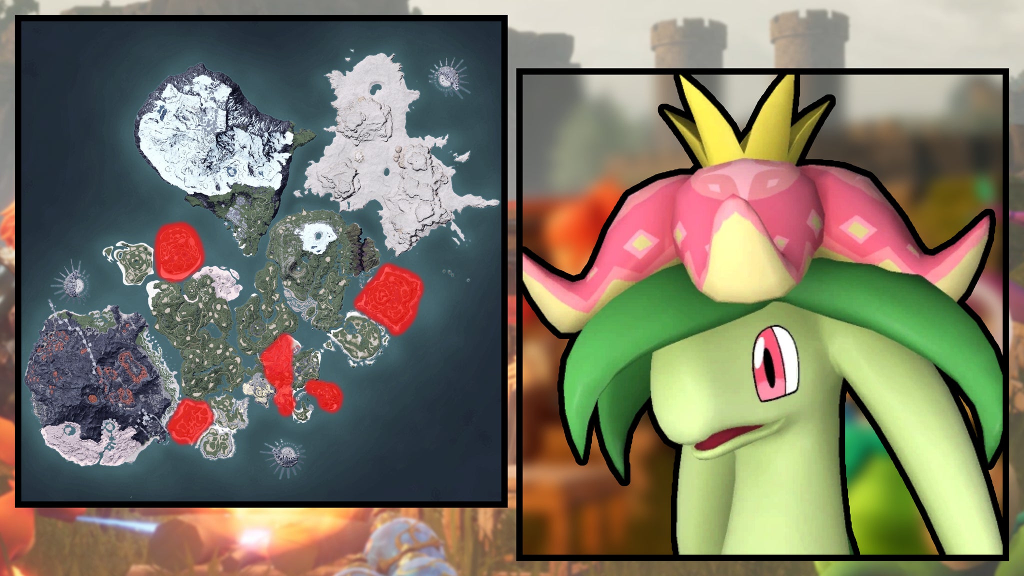 A screenshot of a Dinossom in Palworld, next to a heatmap of their spawn locations. - 77