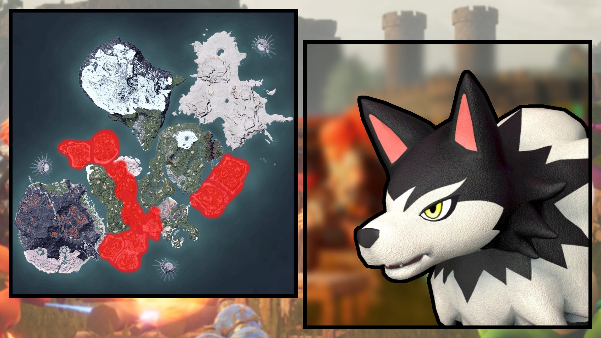 A screenshot of a Direhowl in Palworld, next to a heatmap of their spawn locations. - 31