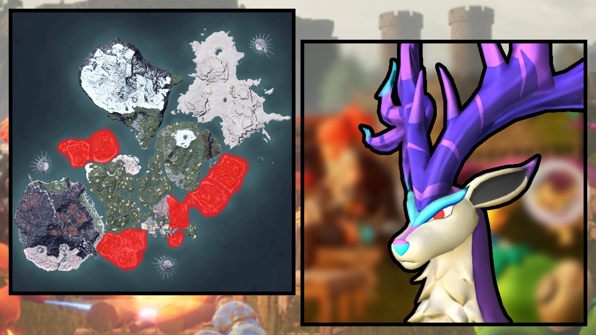 A screenshot of an Eikthyrdeer in Palworld, next to a heatmap of their spawn locations. - 45