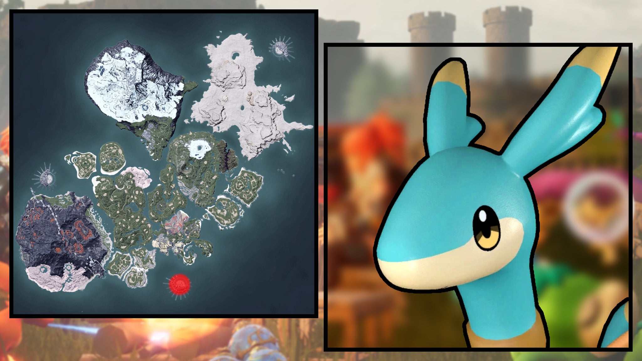 A screenshot of an Elphidran in Palworld, next to a heatmap of their spawn locations. - 96