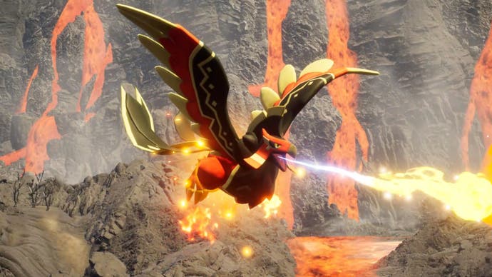 Palworld, official key art of Faleris swooping along volcanic environment while breathing fire.