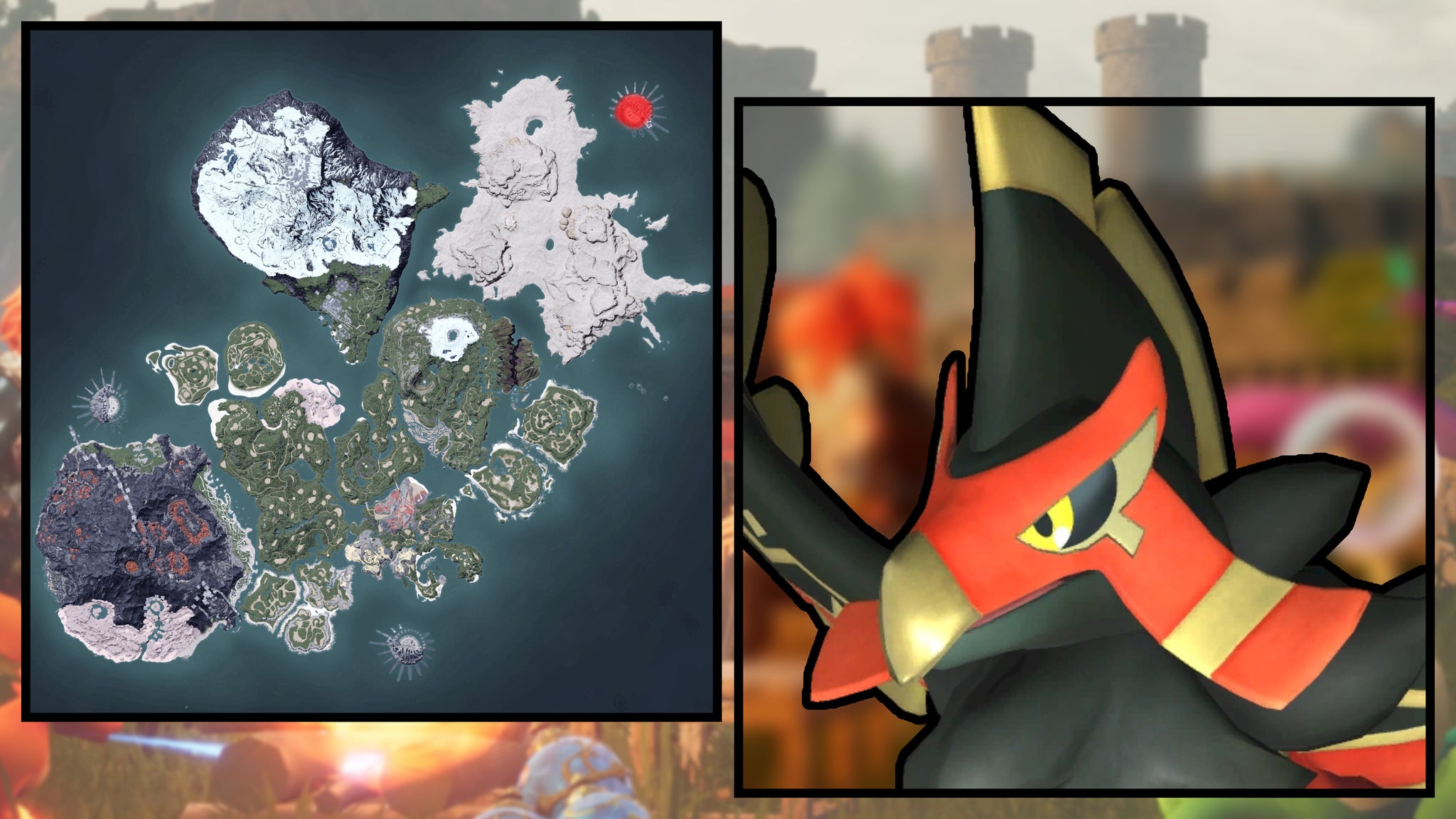 A screenshot of a Faleris in Palworld, next to a heatmap of their spawn locations. - 133