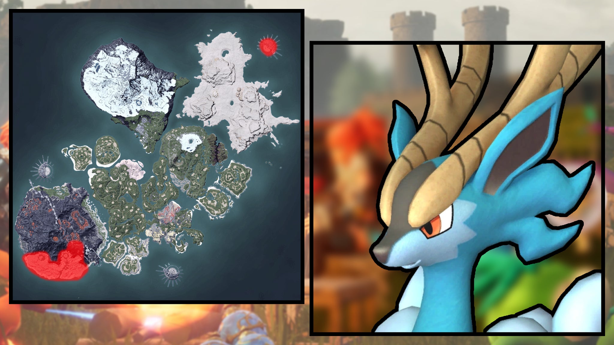 A screenshot of a Fenglope in Palworld, next to a heatmap of their spawn locations. - 118