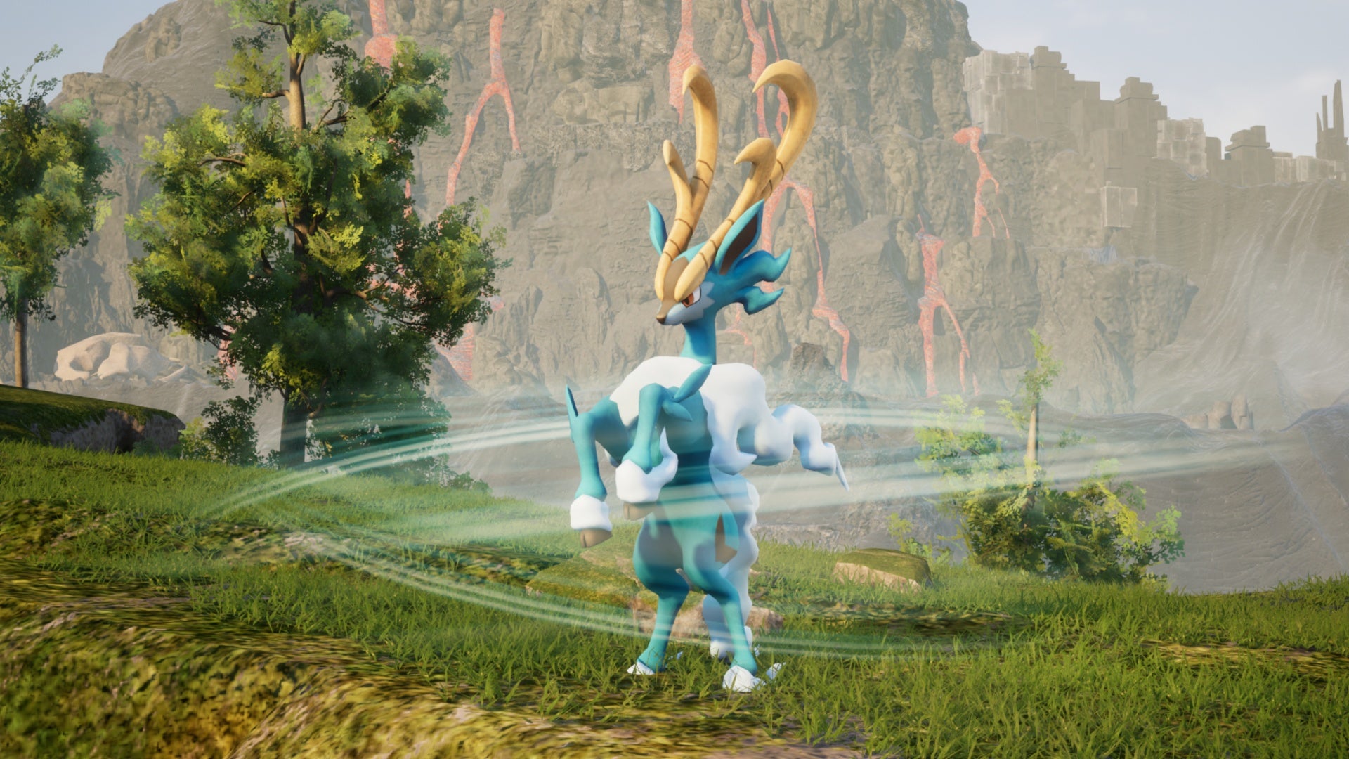 Palworld, official art of Fenglope rearing up in grassy area