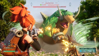 Palworld official screenshot showing a giant grassy elephant with a health bar like a boss, being shot at by a player with a gun