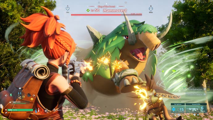 Palworld official screenshot showing a giant grassy elephant with a health bar like a boss, being shot at by a player with a gun