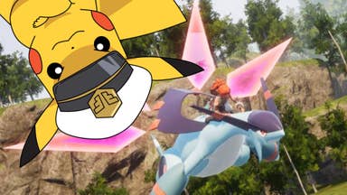 Captain Pickachu looks sternly at the camera with his arms folded, while a Palworld player flies on a dragon-like Pal in the background.