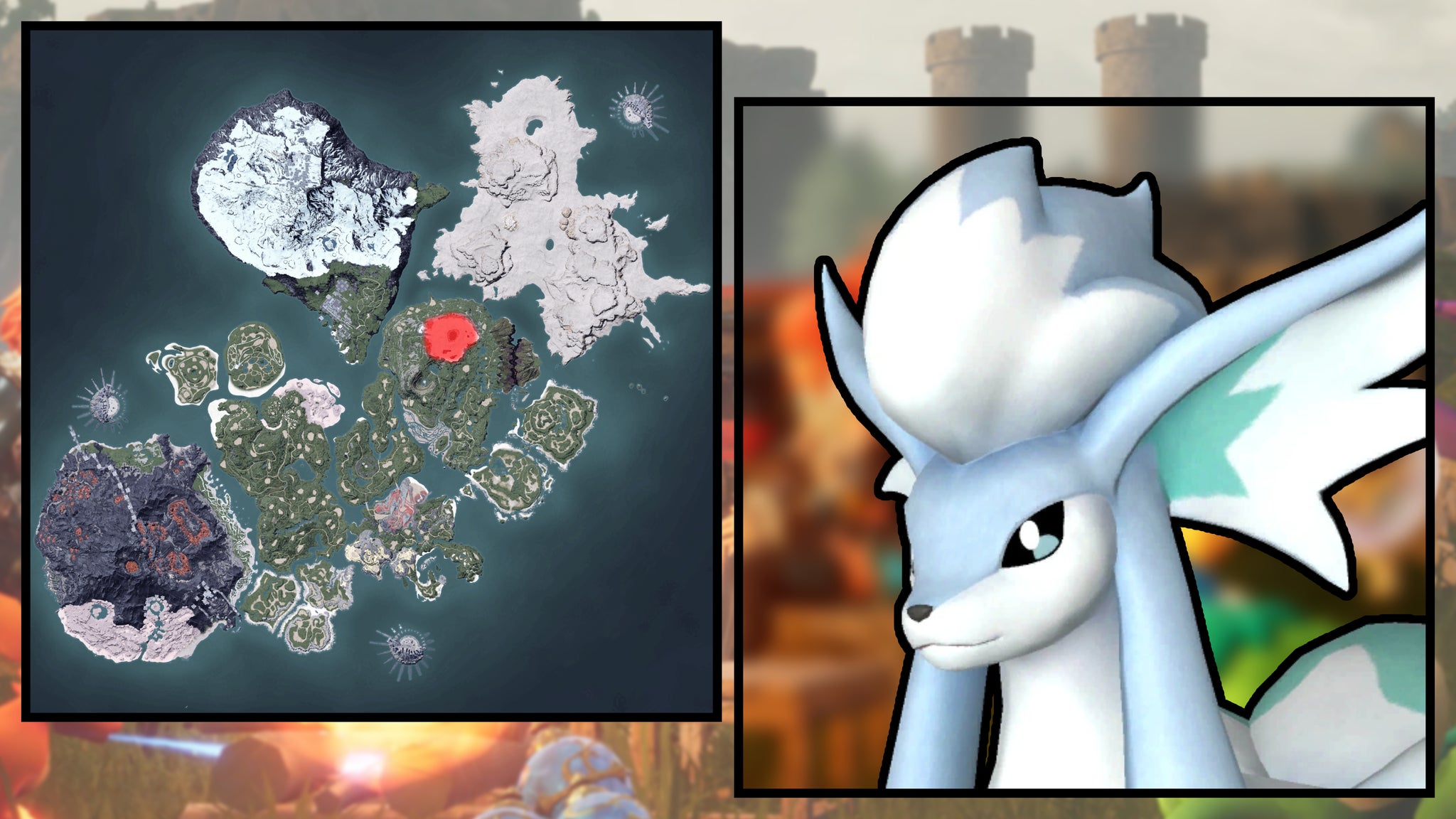 A screenshot of a Foxcicle in Palworld, next to a heatmap of their spawn locations. - 69