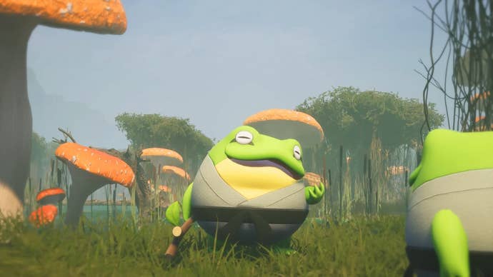 A frog looks vacantly but happily at a fellow frog in Palworld