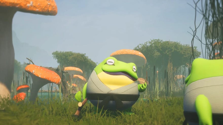 A frog looks vacantly but happily at a fellow frog in Palworld