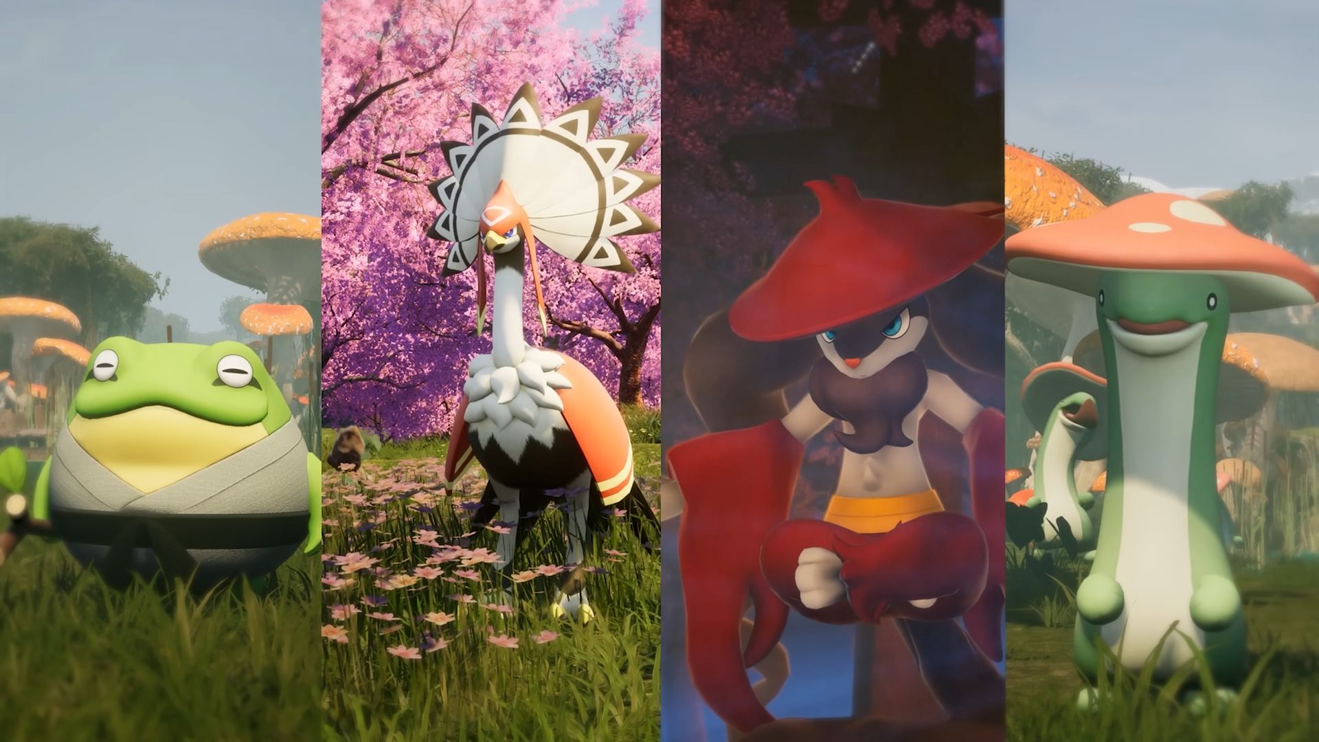 Four new pals line up for Palworld: a karate frog, an angry peacock, a mushroom lizard, and an edgy looking creature with long sleeves - 1