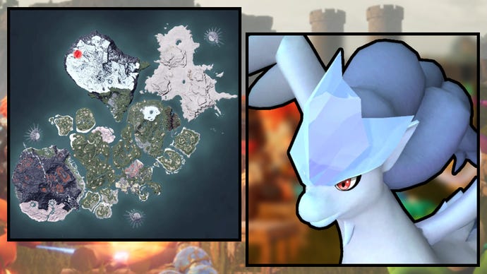 A screenshot of a Frostallion in Palworld, next to a heatmap of their spawn locations.
