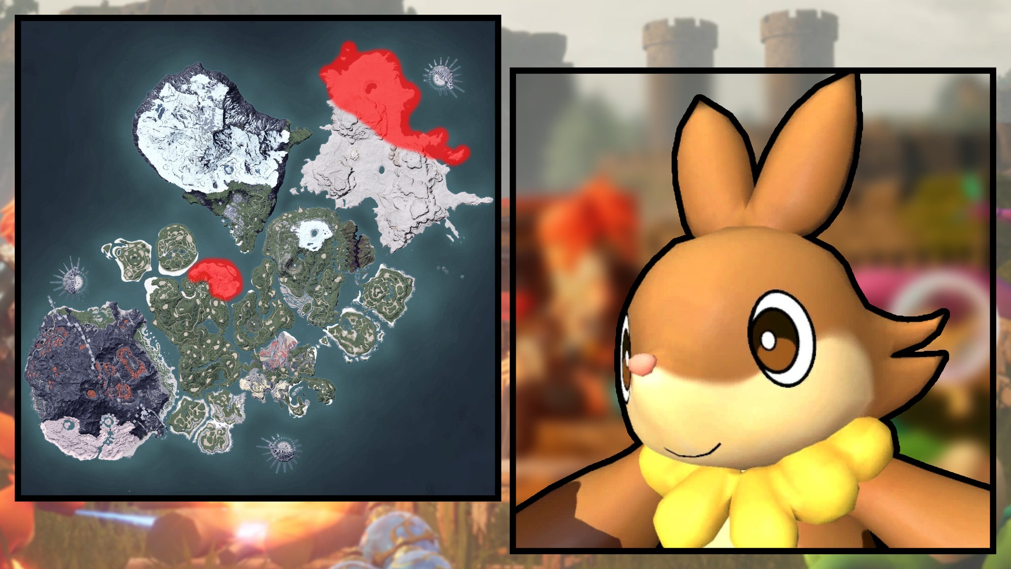 A screenshot of a Fuddler in Palworld, next to a heatmap of their spawn locations. - 26