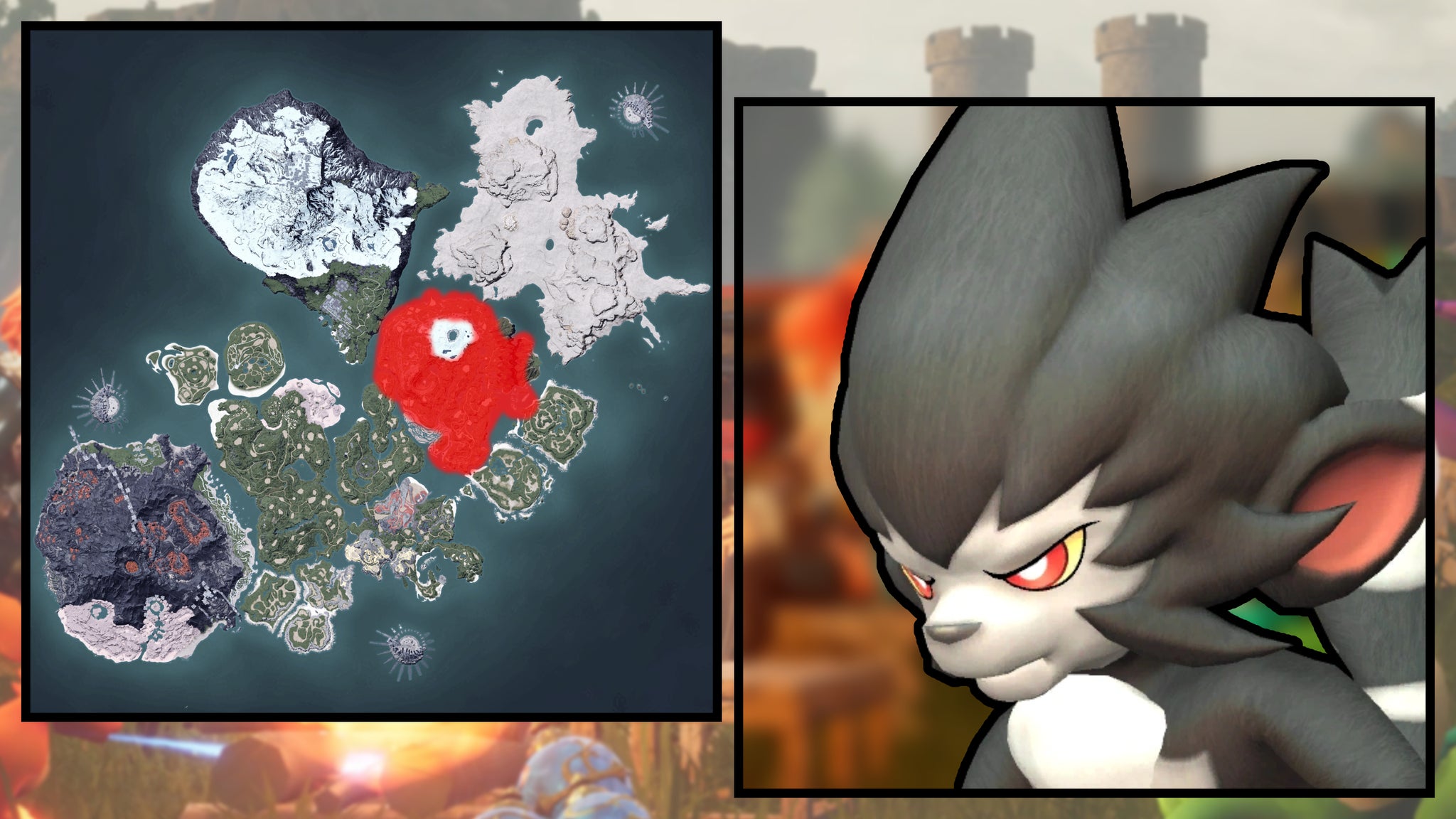 A screenshot of a Gorirat in Palworld, next to a heatmap of their spawn locations. - 61