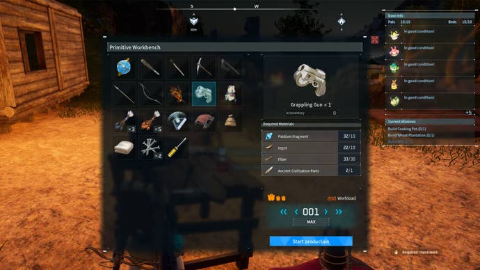 Palworld screenshot of the Grappling Gun crafting recipe