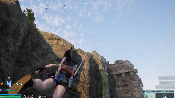 Palworld screenshot of a player using the Grappling Gun