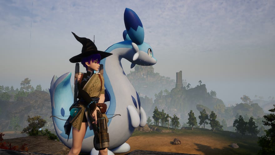 Palworld screenshot of a player holding the Grappling Gun