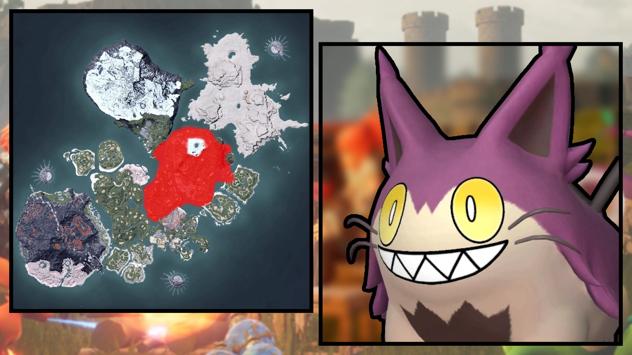 A screenshot of a Grintale in Palworld, next to a heatmap of their spawn locations. - 64