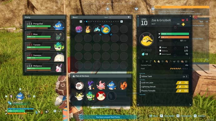 The menu screen for Grizzbolt and Zoe as a captured Pal in Palworld