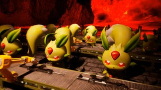 A number of the same Pal working on guns on a production line in Palworld.