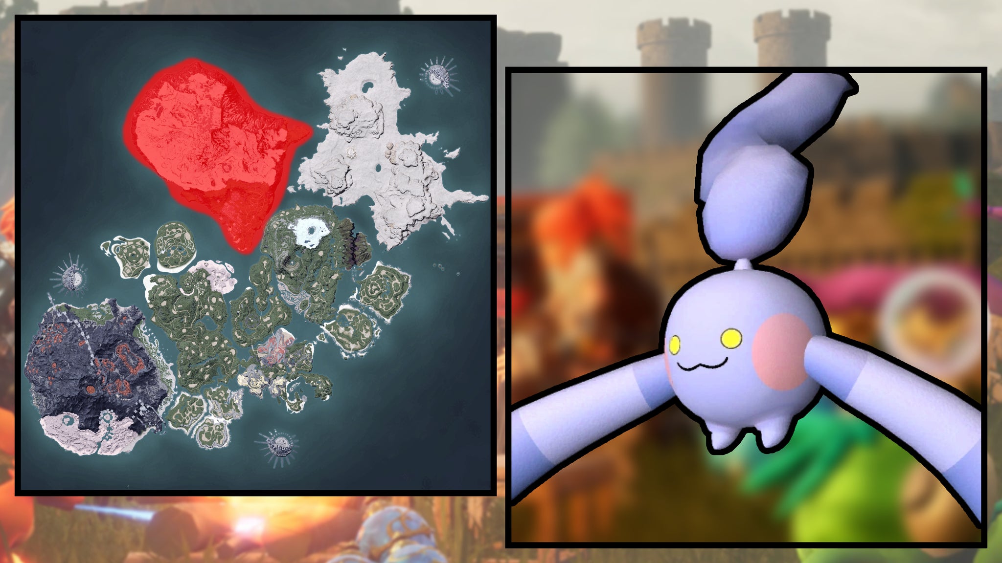 A screenshot of a Hangyu Cryst in Palworld, next to a heatmap of their spawn locations. - 39