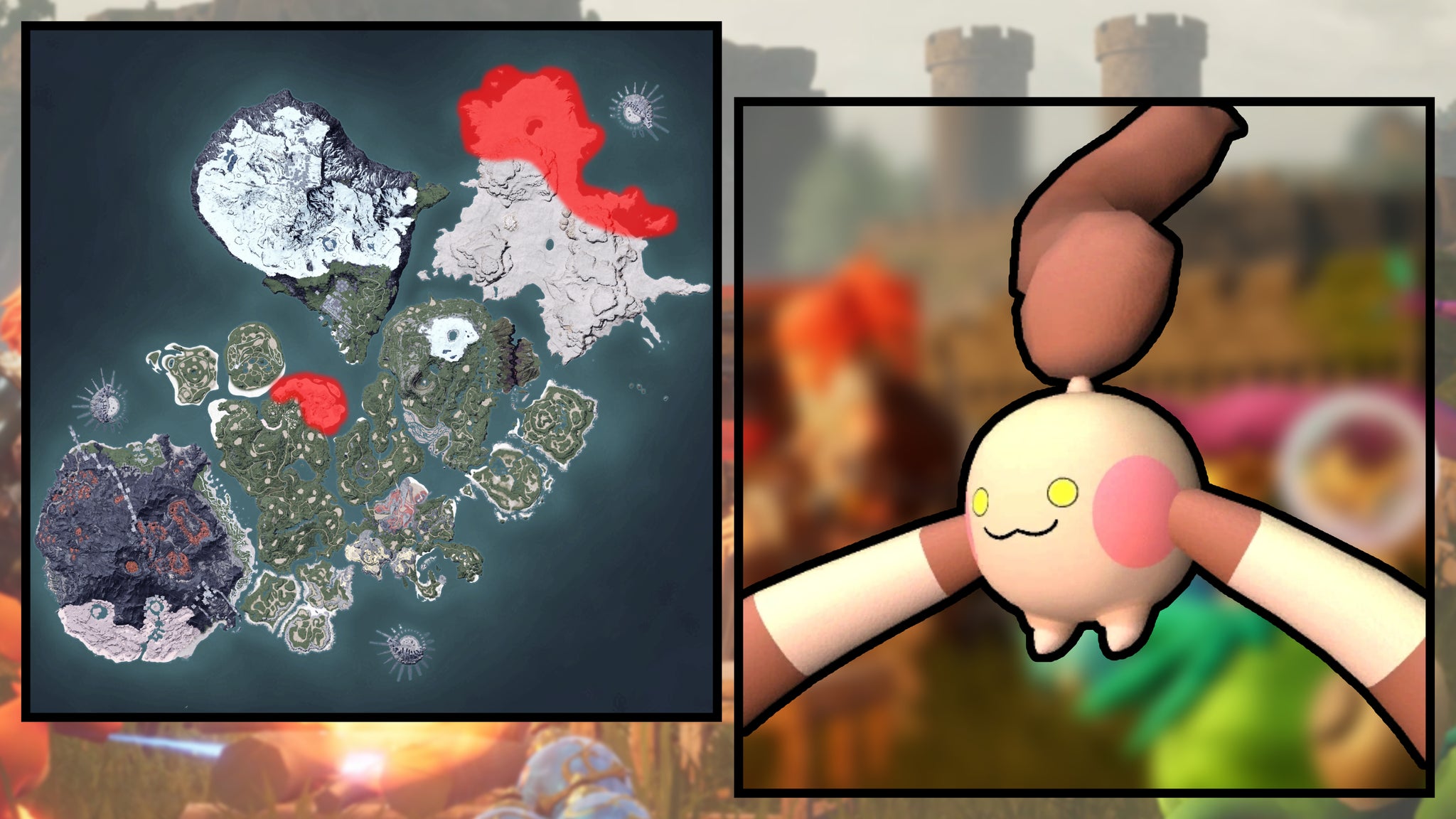 A screenshot of a Hangyu in Palworld, next to a heatmap of their spawn locations. - 38