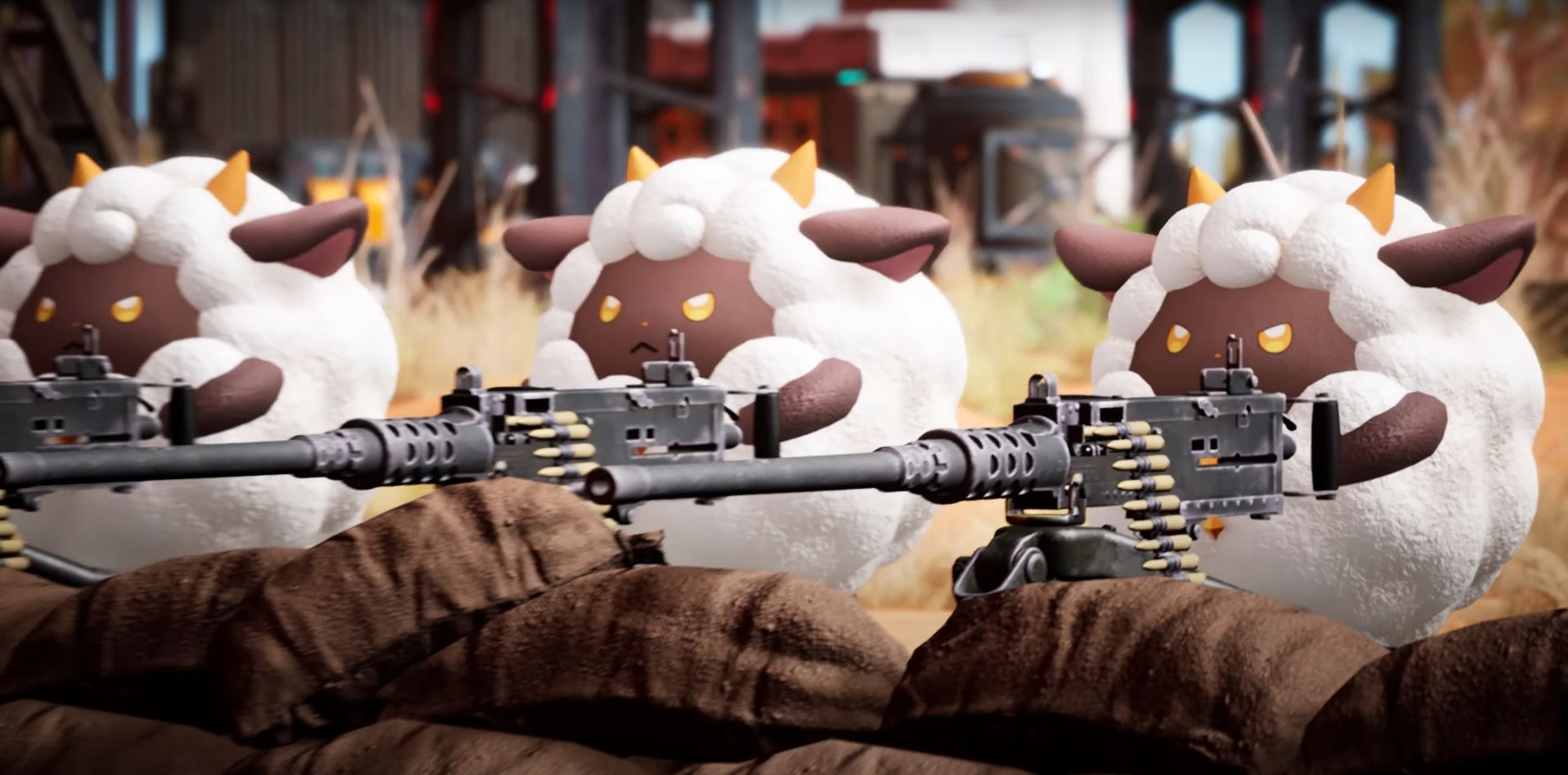 Some sheep-style creatures man machinegun turrets in Palworld.