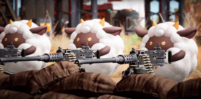 Some sheep-style creatures man machinegun turrets in Palworld.