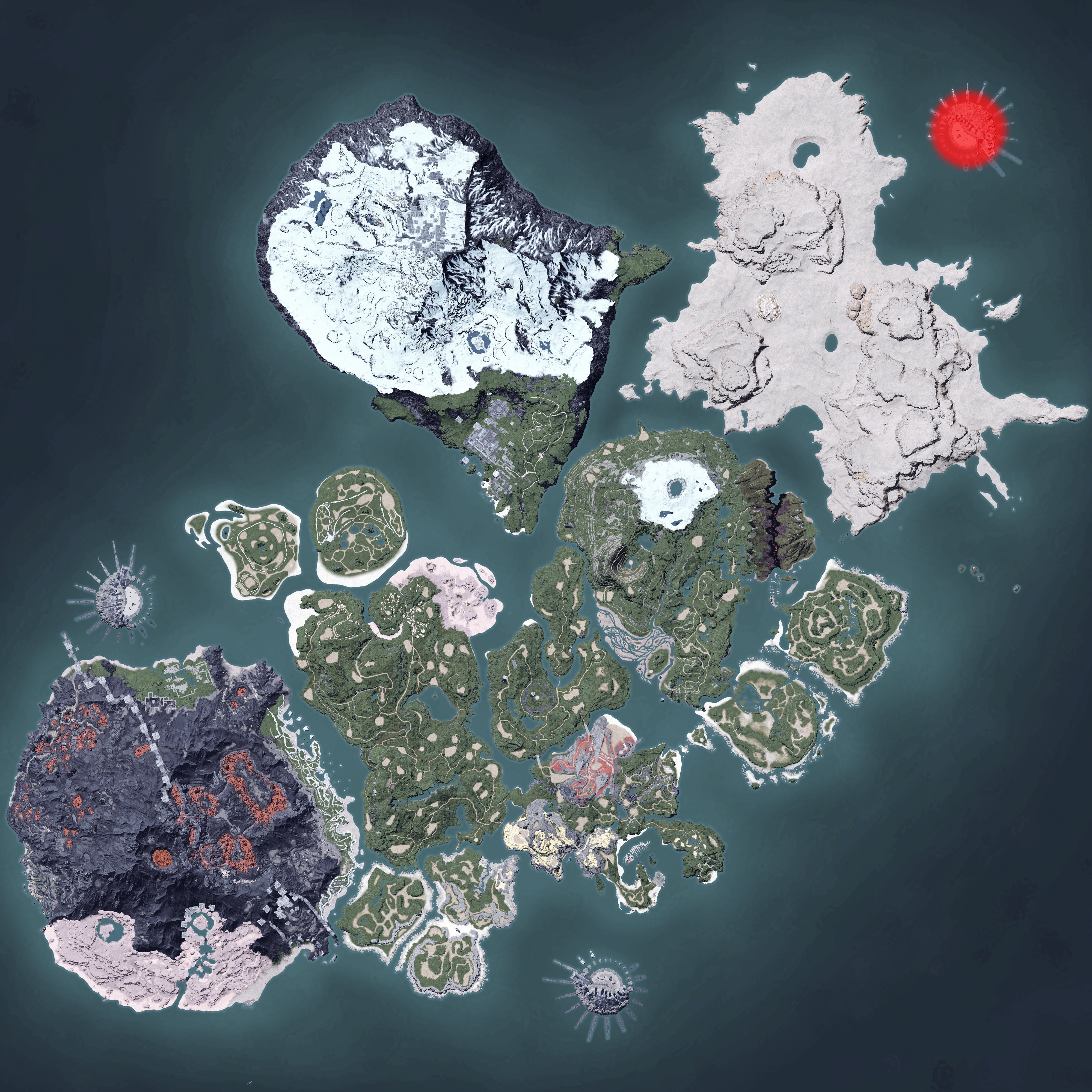 The Palworld map, with a heatmap overlay of various pal spawn locations.