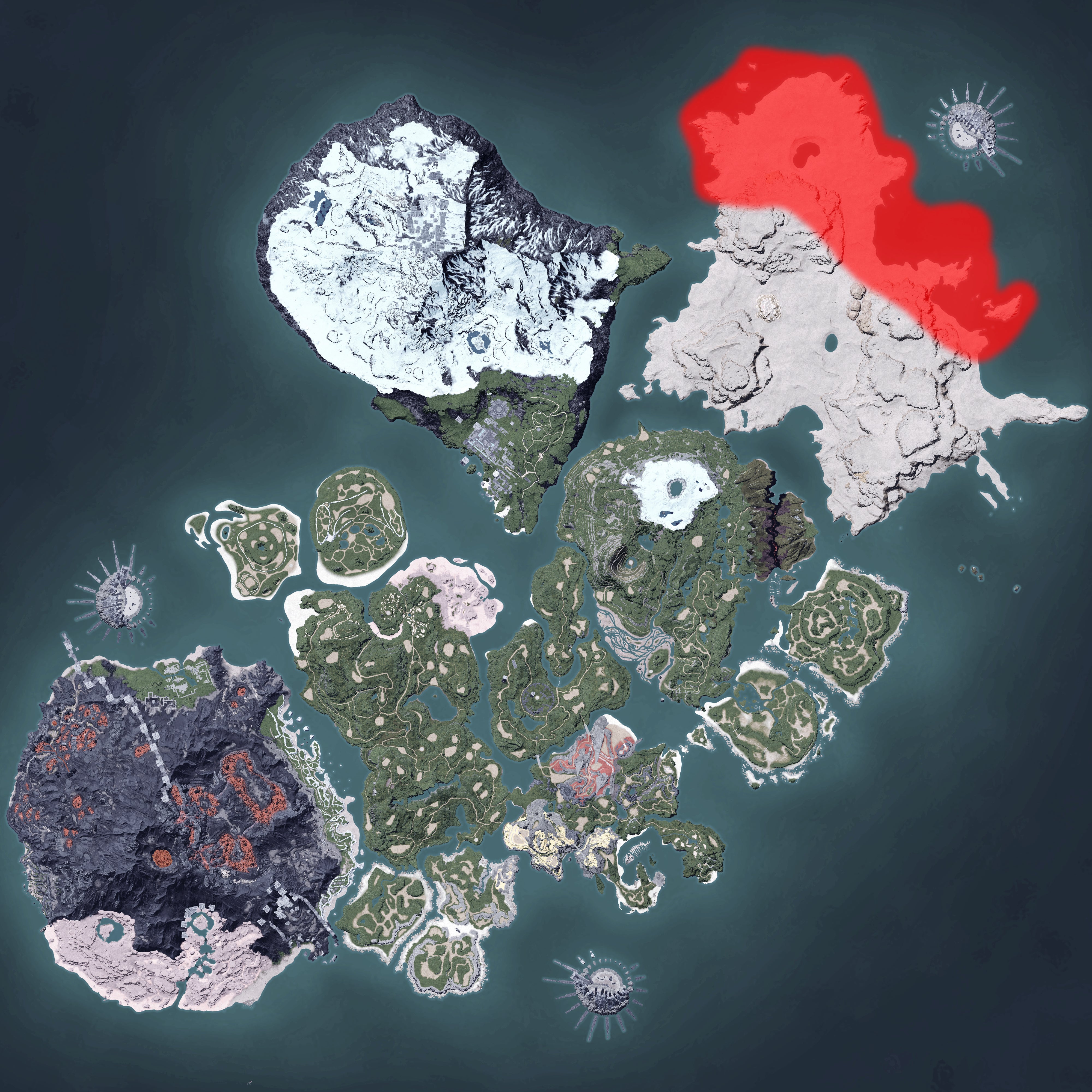 The Palworld map, with a heatmap overlay of various pal spawn locations.