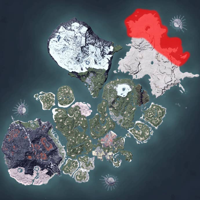 The Palworld map, with a heatmap overlay of various pal spawn locations.