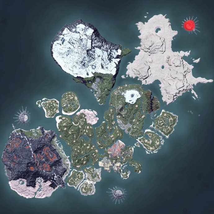 The Palworld map, with a heatmap overlay of various pal spawn locations.