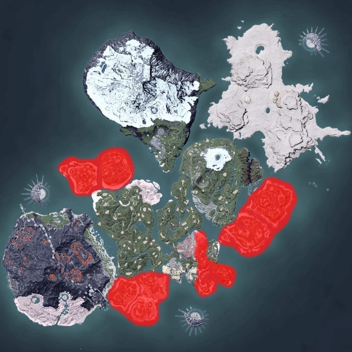 The Palworld map, with a heatmap overlay of various pal spawn locations.