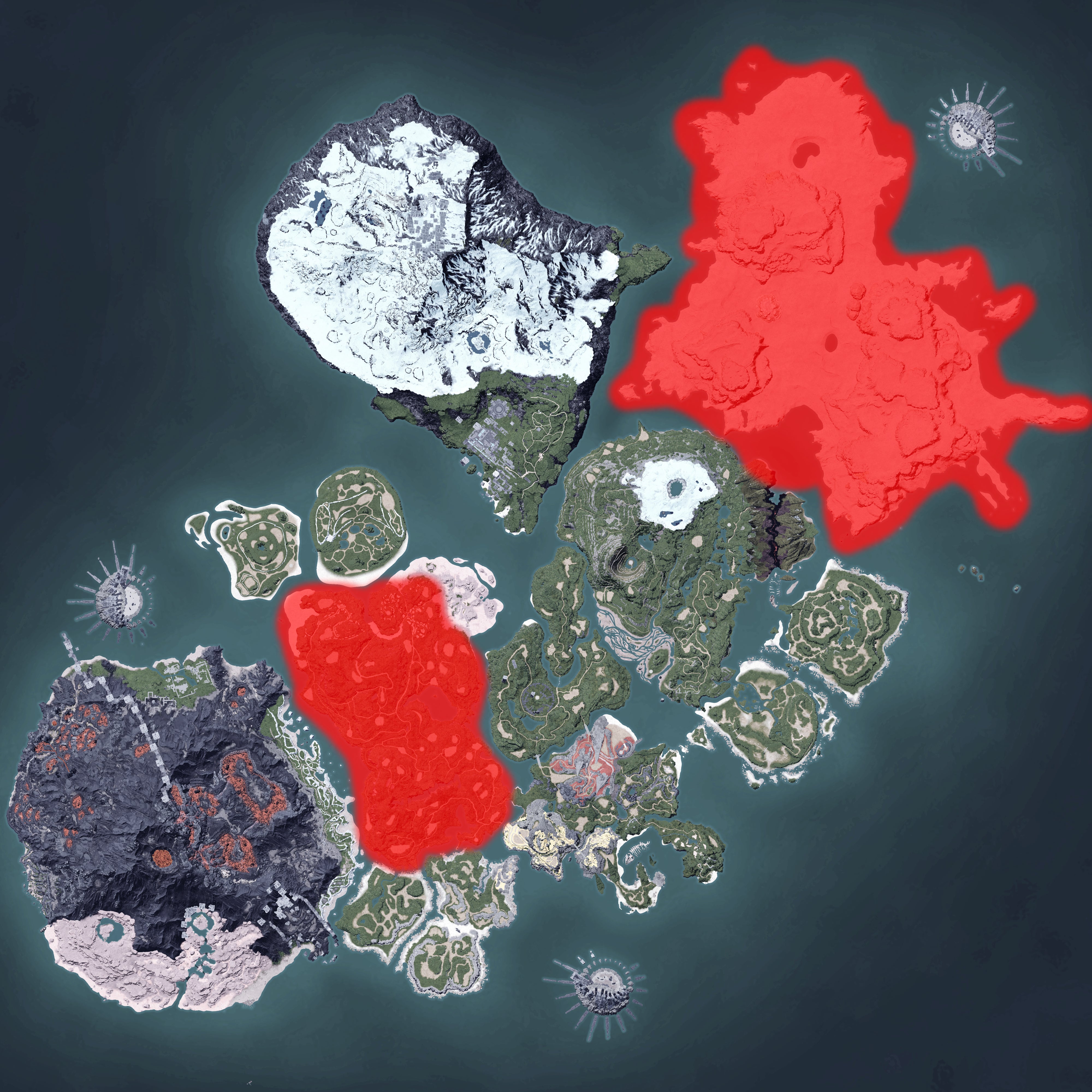 The Palworld map, with a heatmap overlay of various pal spawn locations.