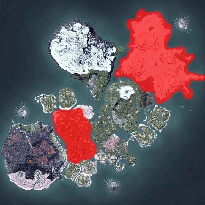 The Palworld map, with a heatmap overlay of various pal spawn locations.