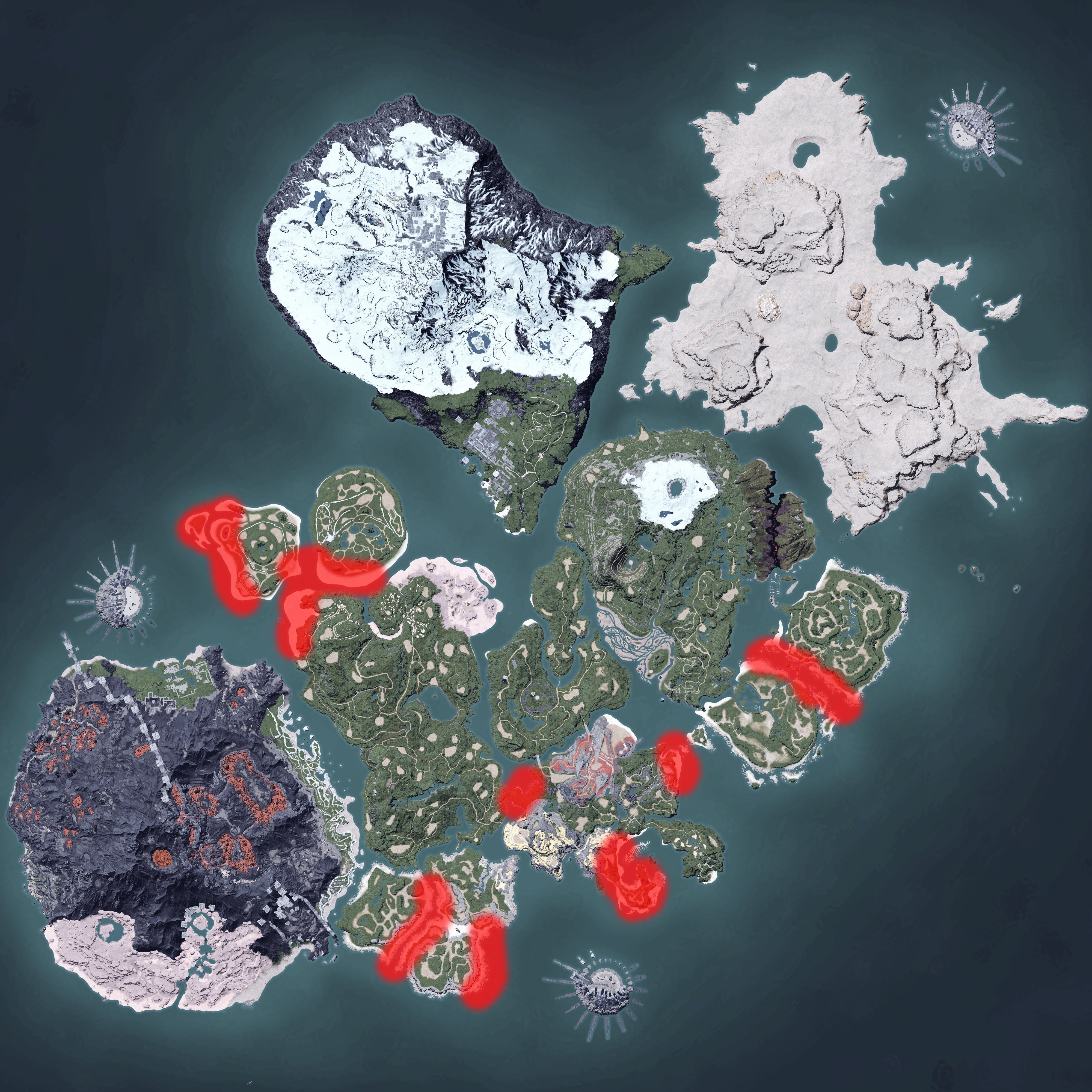 The Palworld map, with a heatmap overlay of various pal spawn locations.