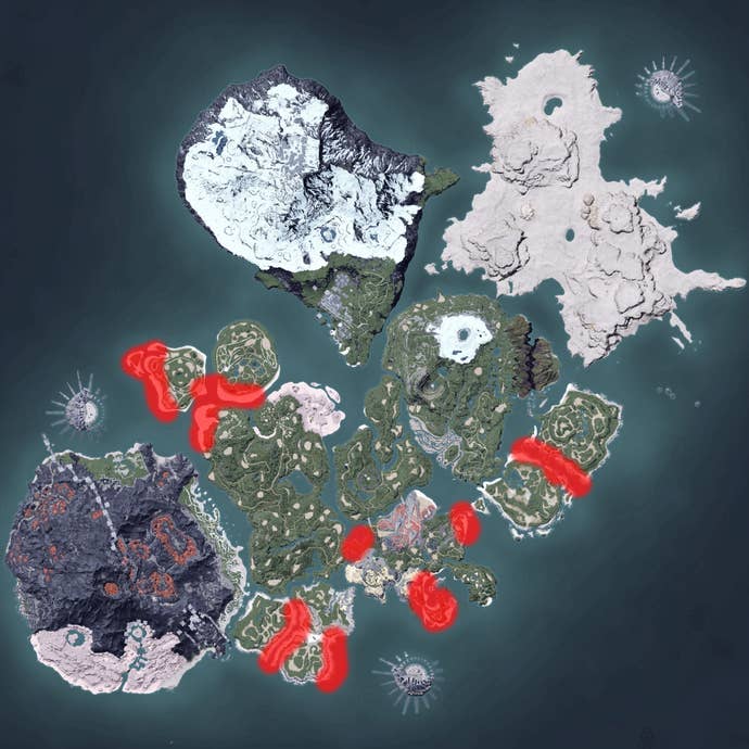 The Palworld map, with a heatmap overlay of various pal spawn locations.