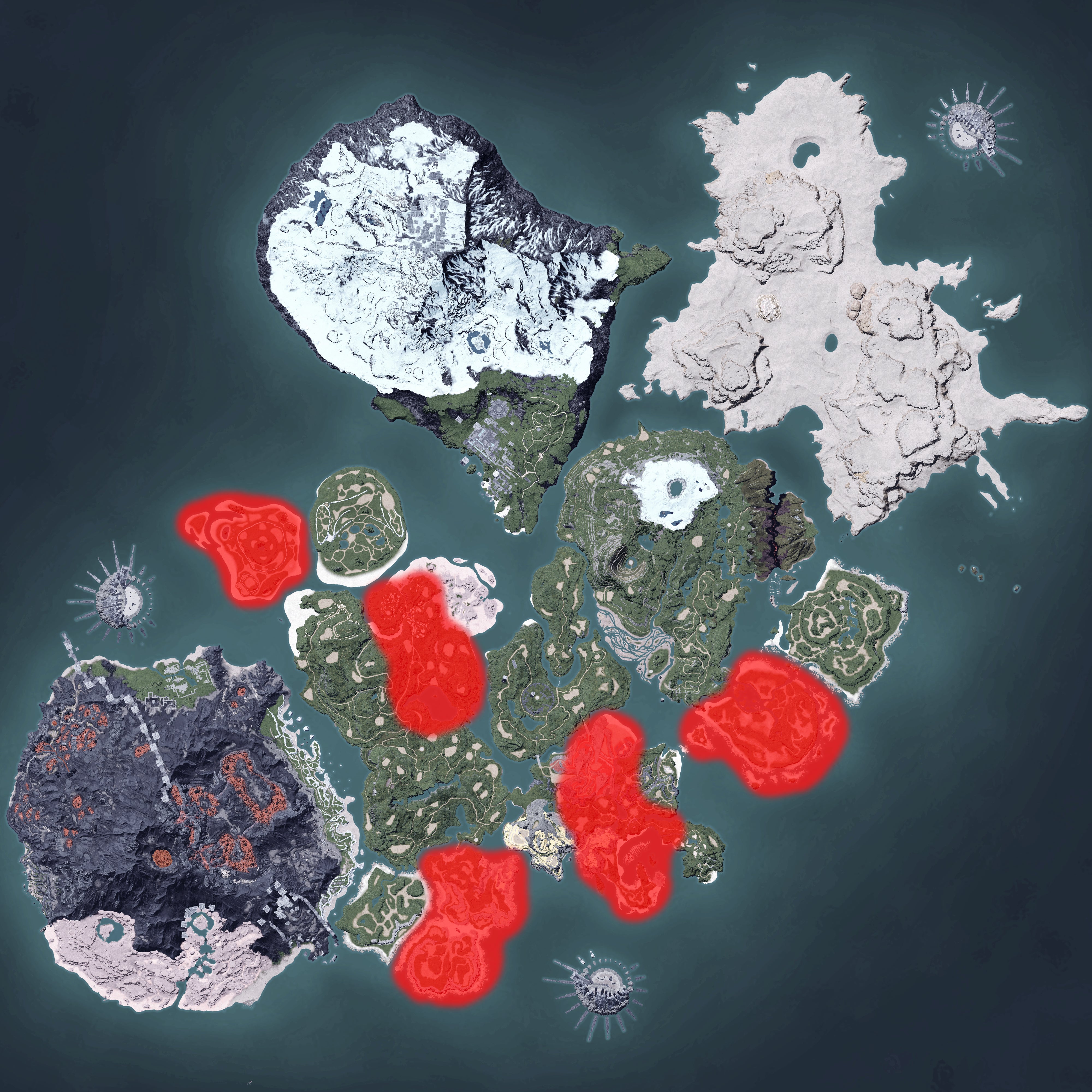 The Palworld map, with a heatmap overlay of various pal spawn locations.