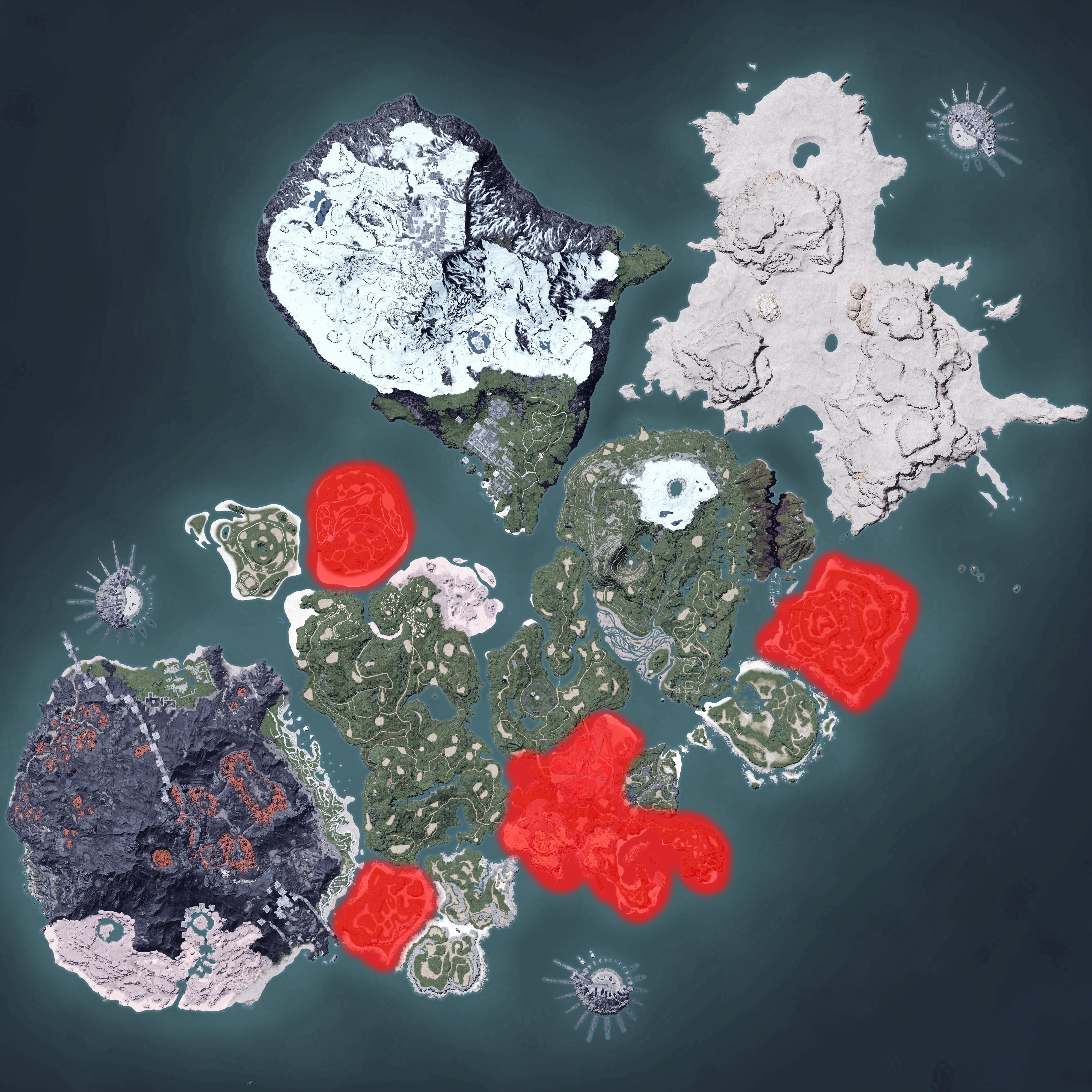 The Palworld map, with a heatmap overlay of various pal spawn locations.