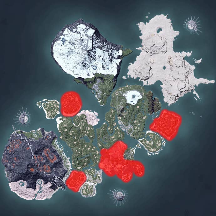 The Palworld map, with a heatmap overlay of various pal spawn locations.