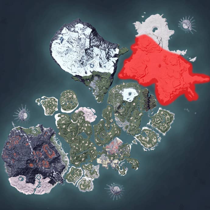 The Palworld map, with a heatmap overlay of various pal spawn locations.