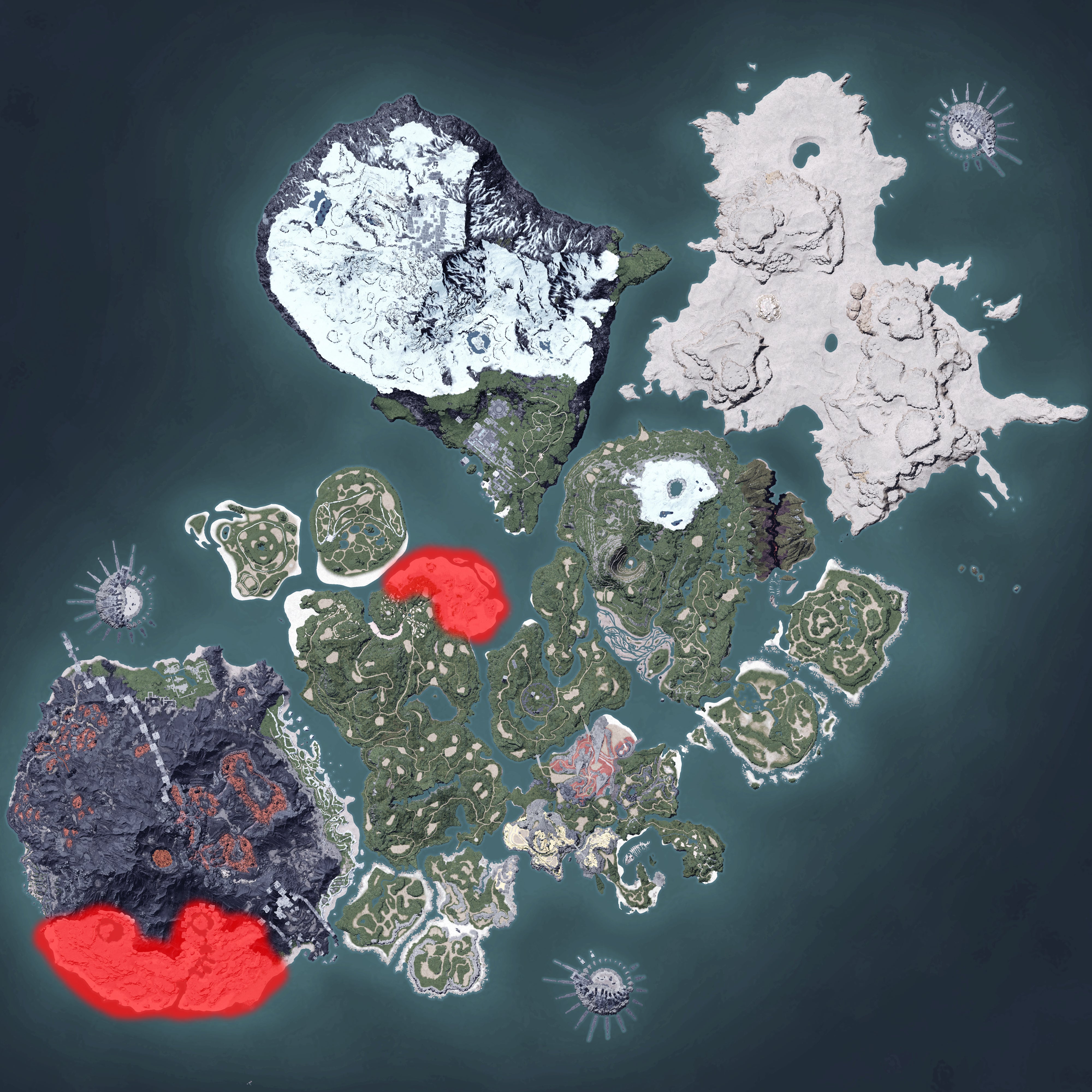 The Palworld map, with a heatmap overlay of various pal spawn locations.