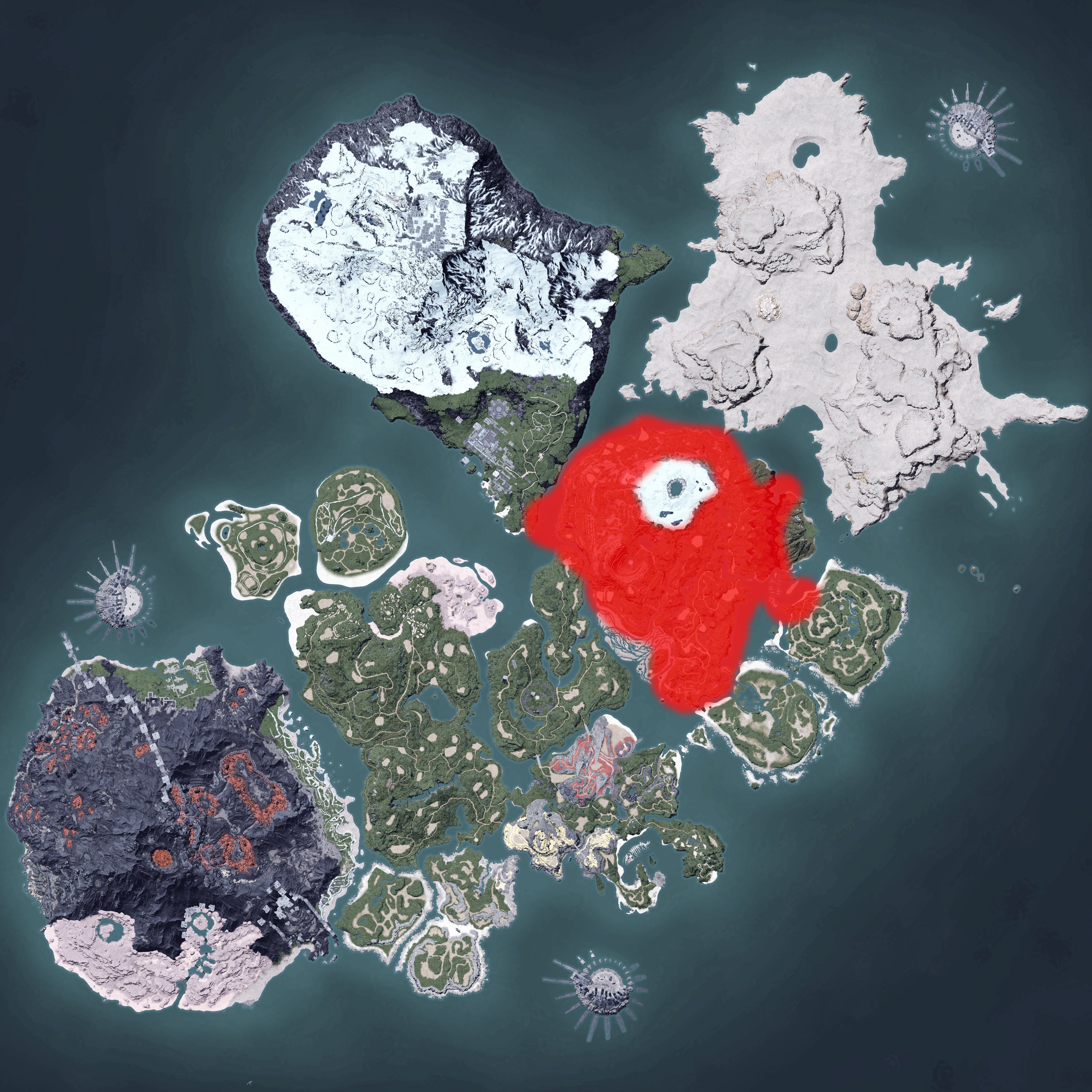 The Palworld map, with a heatmap overlay of various pal spawn locations.