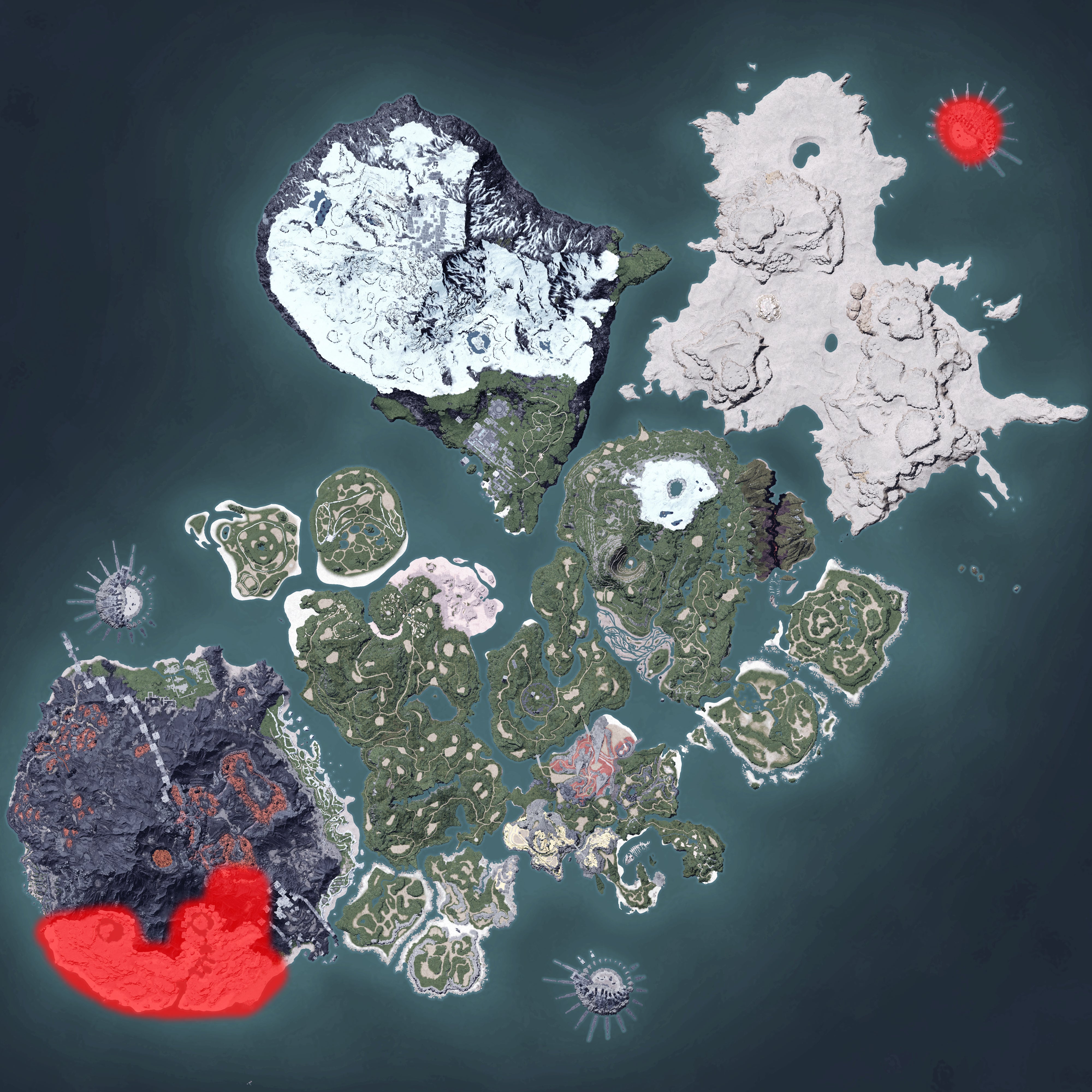 The Palworld map, with a heatmap overlay of various pal spawn locations.