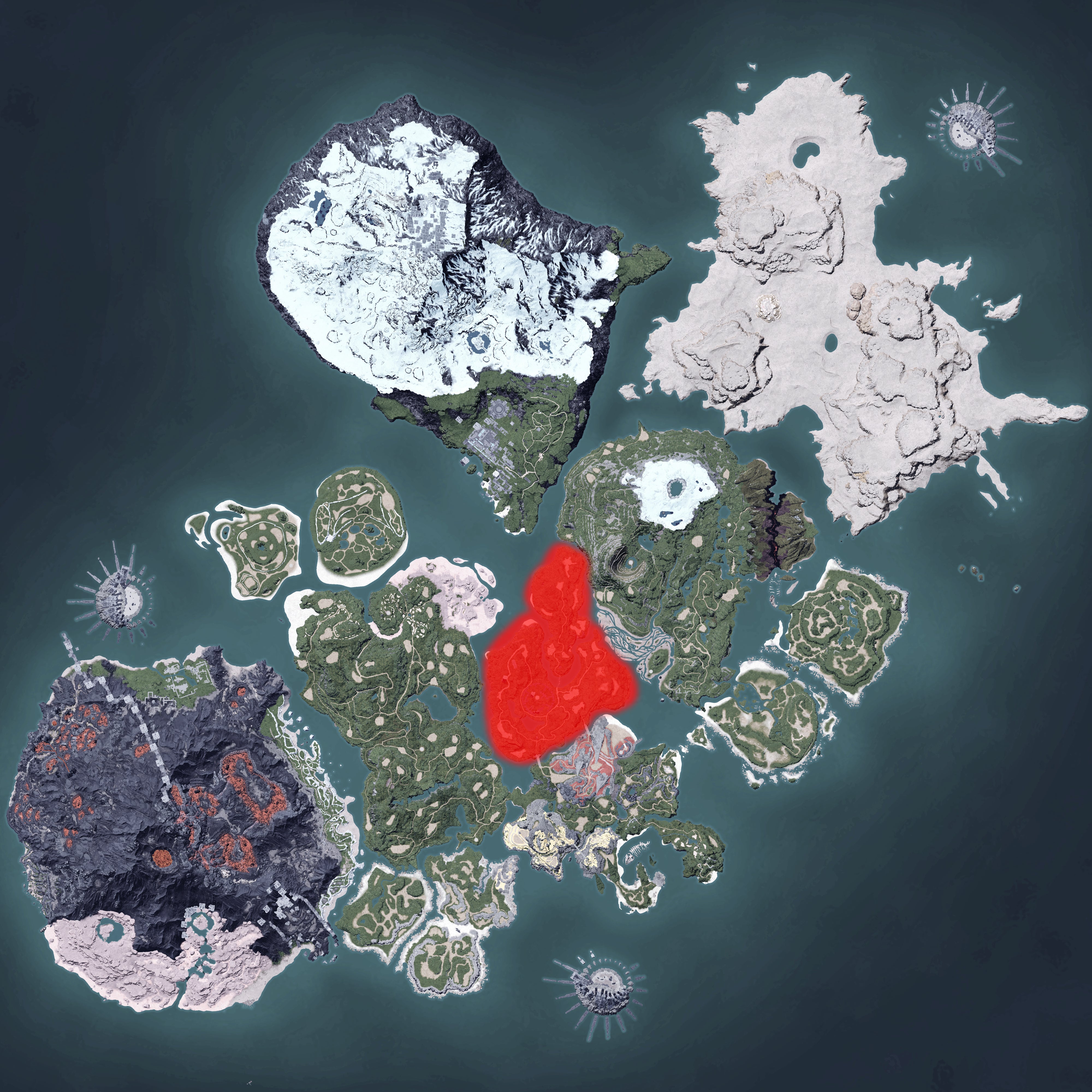 The Palworld map, with a heatmap overlay of various pal spawn locations.