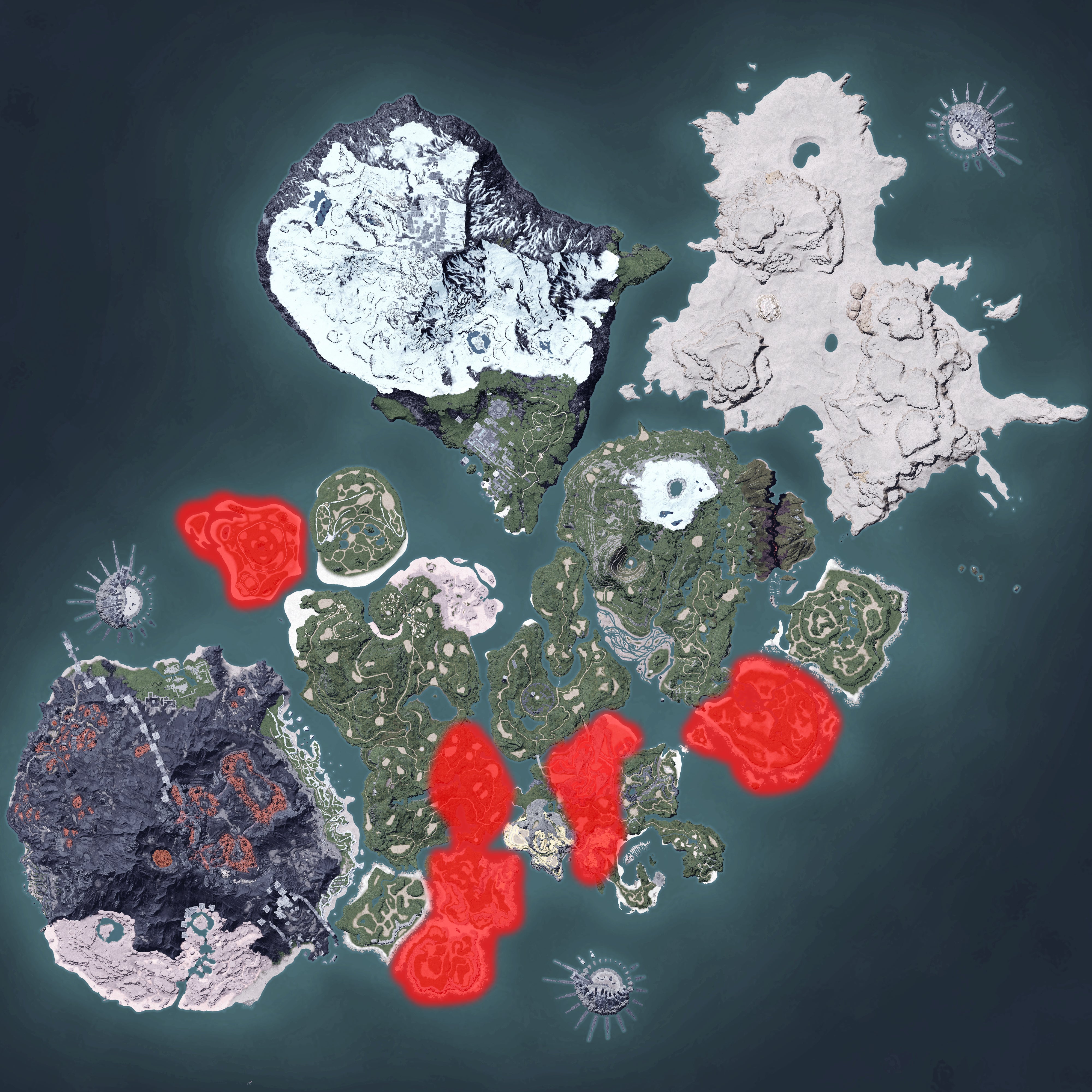 The Palworld map, with a heatmap overlay of various pal spawn locations.