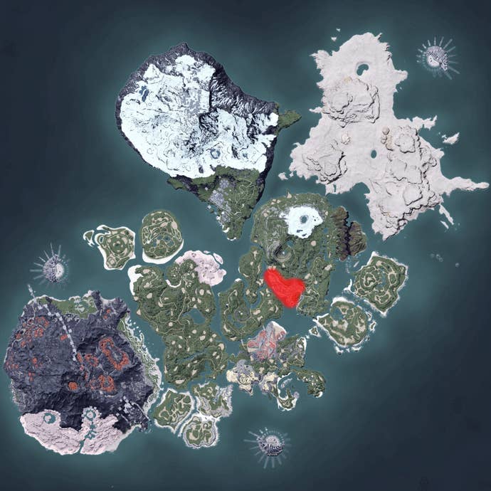 The Palworld map, with a heatmap overlay of various pal spawn locations.