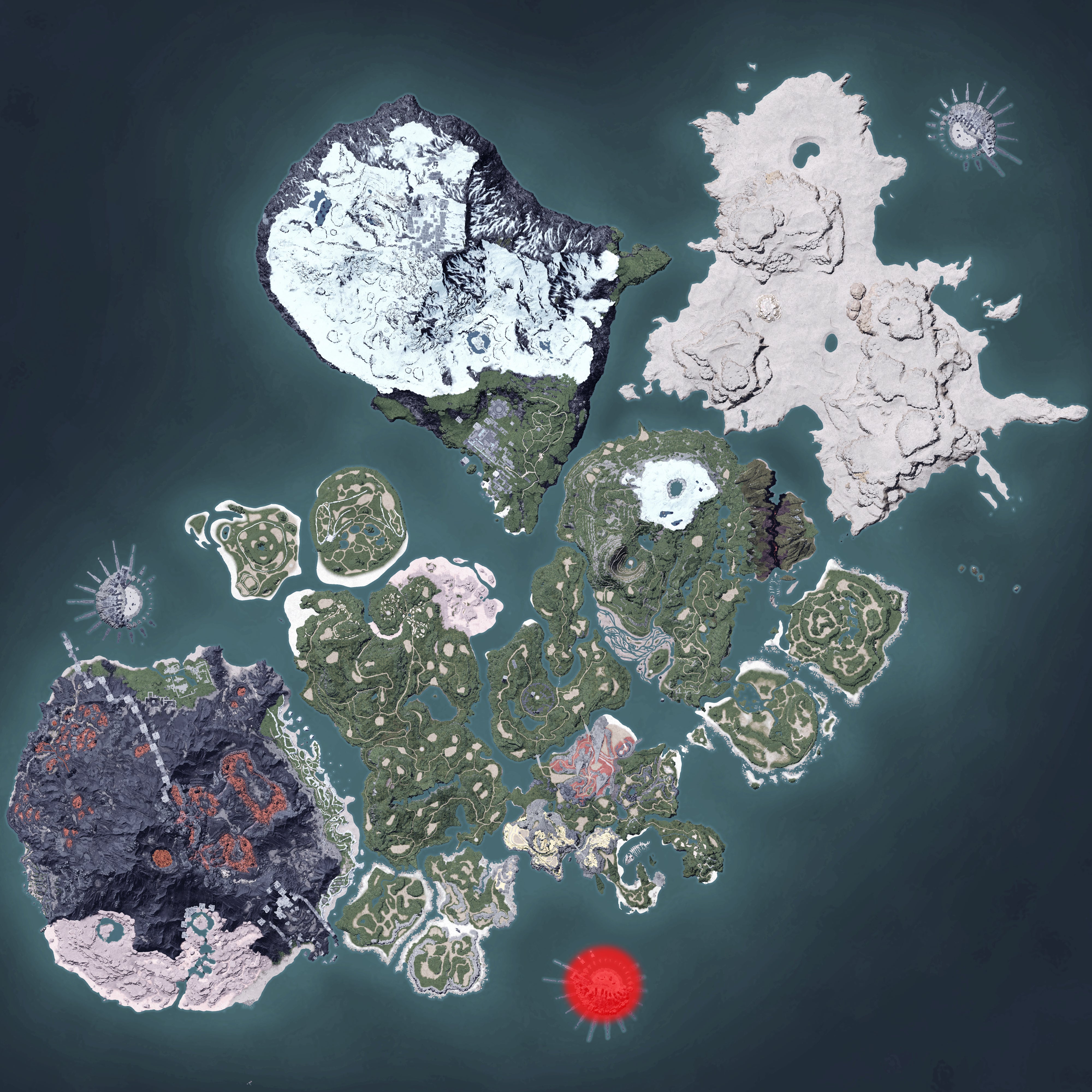 The Palworld map, with a heatmap overlay of various pal spawn locations.